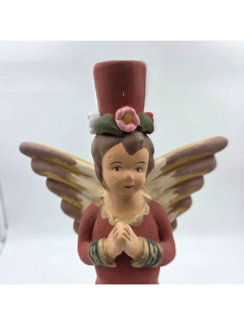 Peruvian Hand Painted Terra Cotta Angel Candle Holder Folk Art Red - Picture 2 of 5